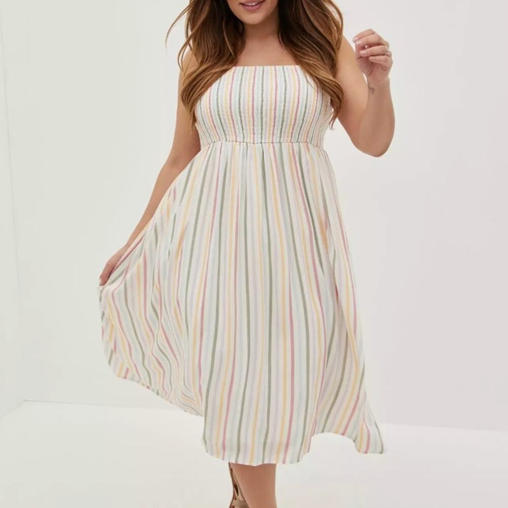Torrid Challis Smocked Multi Stripe Ruffle Strap Midi Dress Pastel Plus Size BB8